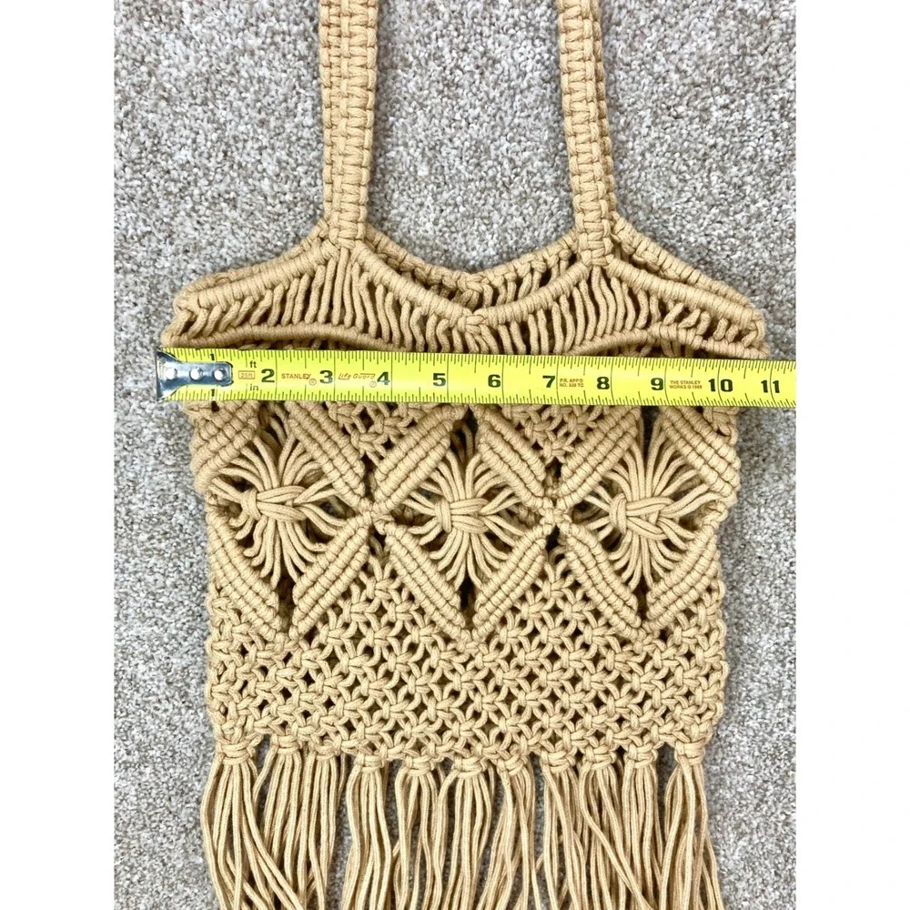 Macrame Fringe Boho Tote Bag Tan Woven Shoulder Bag Handcrafted Beach Summer